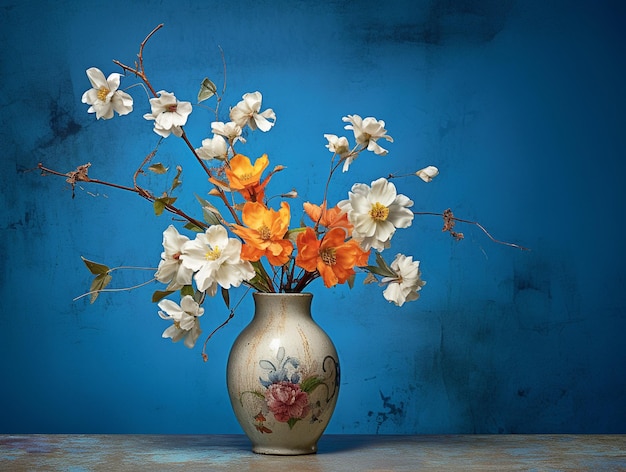 Bouquet de fleurs colorées dans un vase classique sur fond bleu généré par l'IA
