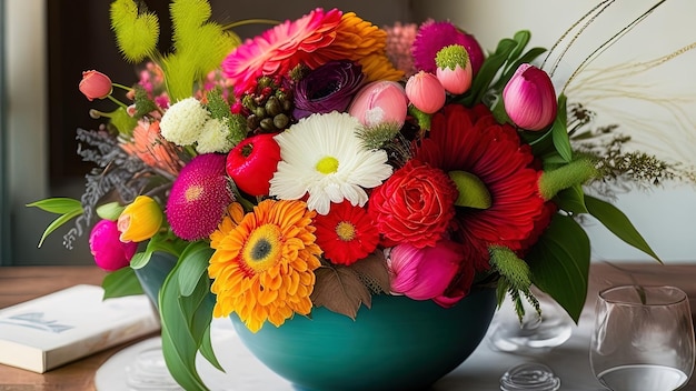 Bouquet de fleurs colorées dans un vase sur la table