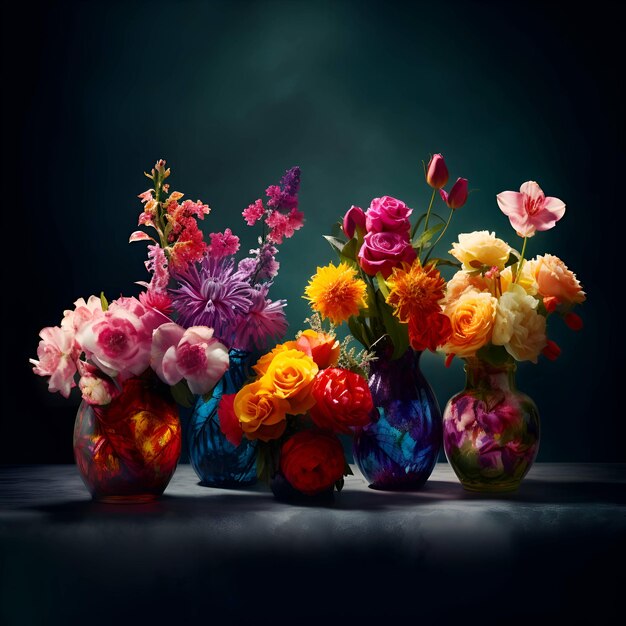 Bouquet de fleurs colorées dans des vases sur fond sombre