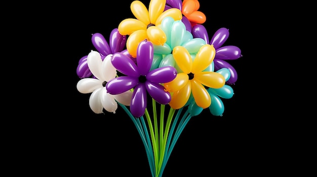 Bouquet de fleurs colorées faites de ballons sur un fond noir