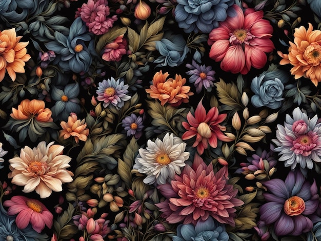 un bouquet de fleurs colorées sur fond noir motif de fleurs sombres papier peint fleur complexe d