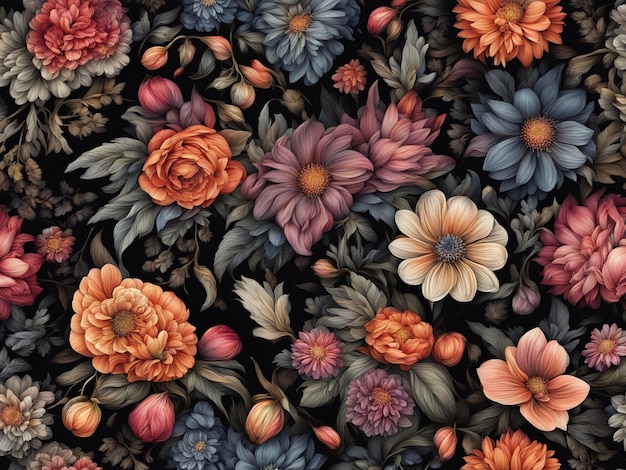 un bouquet de fleurs colorées sur fond noir motif de fleurs sombres papier peint fleur complexe d