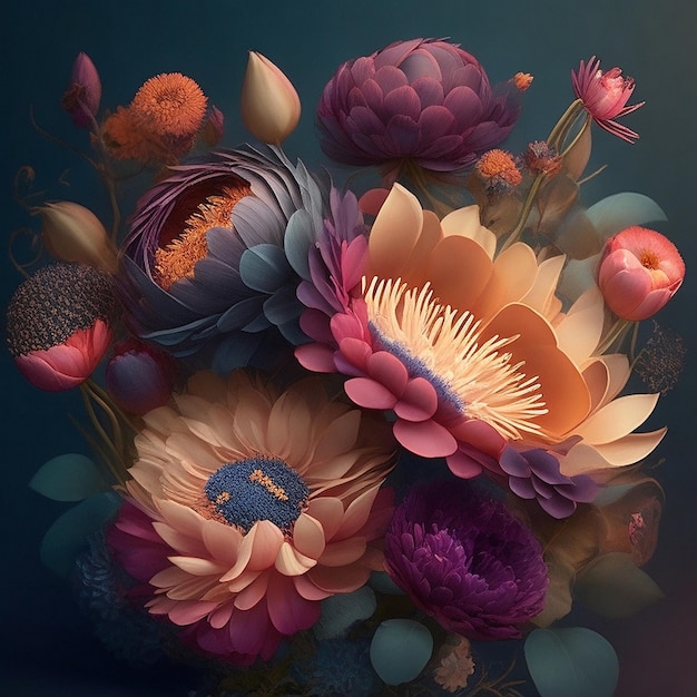Bouquet de fleurs colorées numériques vecteur ensemble de fleurs Art Floral fleurs d'art Floral 3D