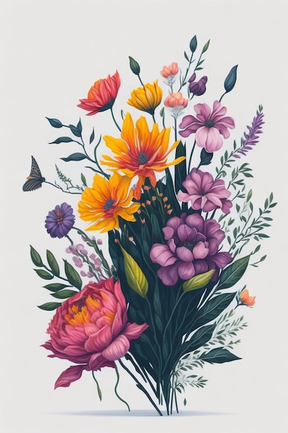 Bouquet de fleurs colorées et papillons Illustration aquarelle
