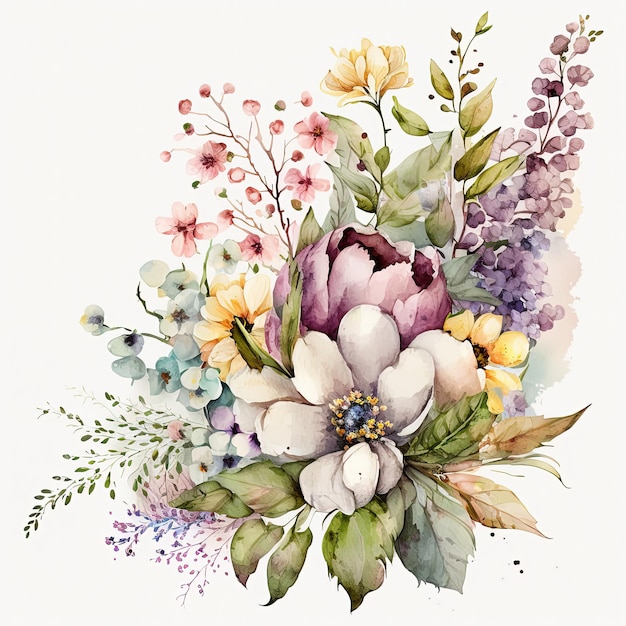 Bouquet de fleurs colorées pastel aquarelle isolé sur fond blanc Illustration botanique