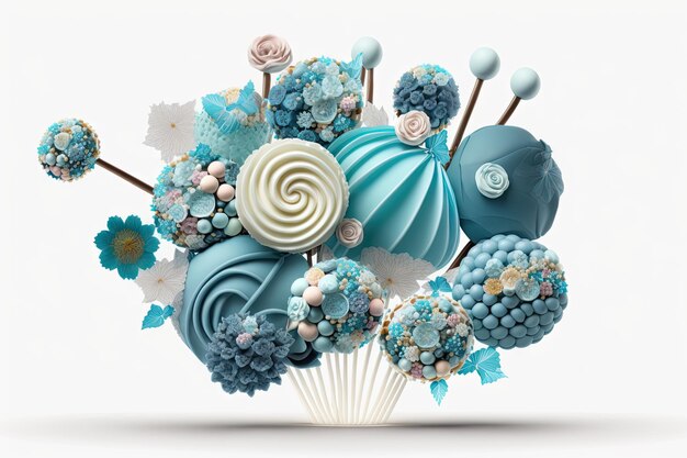 Bouquet de fleurs comme des bonbons dans des tons bleus sur fond blanc