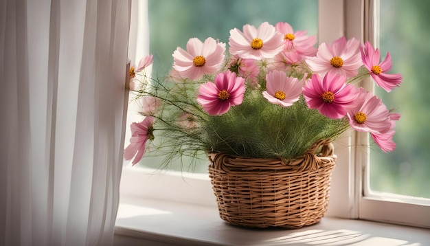 Photo bouquet de fleurs cosmos dans un panier en osier près de la fenêtre