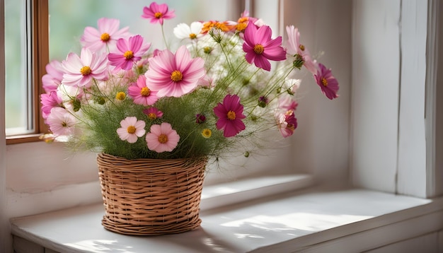 Bouquet de fleurs Cosmos dans un panier en osier près de la fenêtre