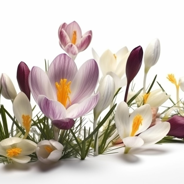 Un bouquet de fleurs de crocus sur fond blanc