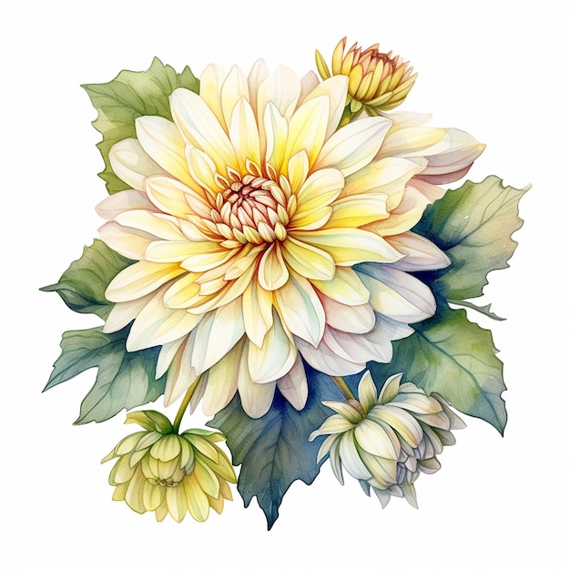 Un bouquet de fleurs de dahlia avec des feuilles sur fond blanc.