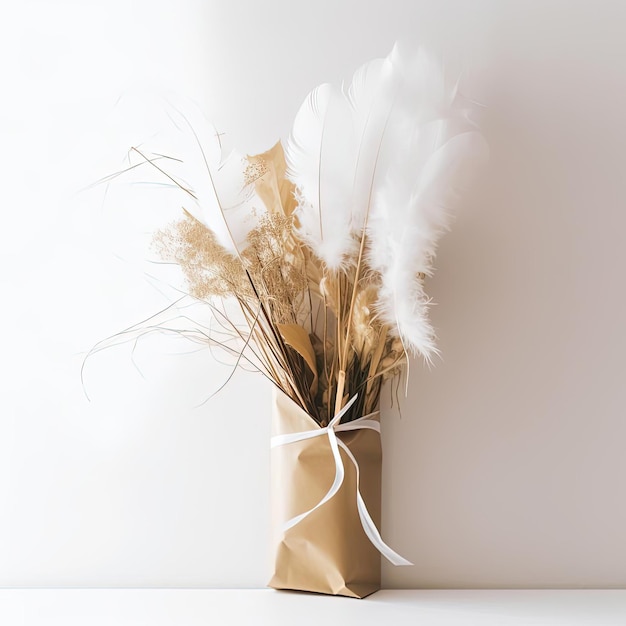 bouquet de fleurs dans du papier blanc enveloppé dans du papier cadeau