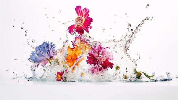 Photo bouquet de fleurs dans des éclaboussures d'eau colorée sur fond blanc couleurs colorées