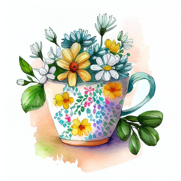 Bouquet de fleurs dans une tasse illustration aquarelle dessinée à la main sur fond blanc