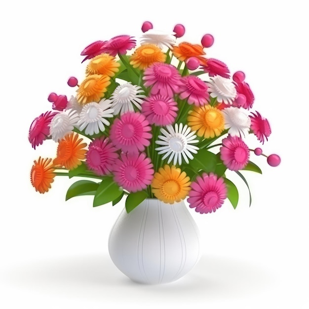 Un bouquet de fleurs dans un vase blanc sur fond blanc.