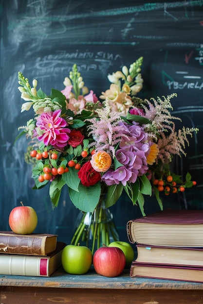 un bouquet de fleurs dans un vase sur le bureau des enseignants avec des livres de pommes sur le fond du tableau à craie