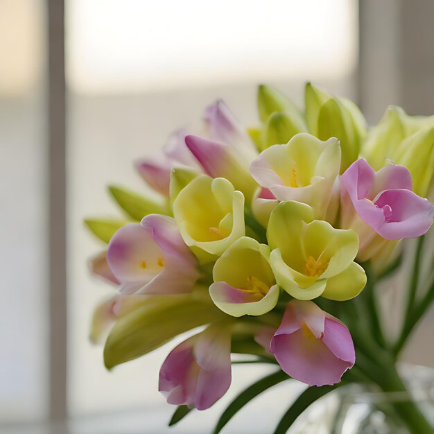 un bouquet de fleurs dans un vase avec une fenêtre derrière eux