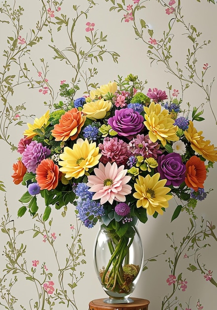 un bouquet de fleurs dans un vase avec un fond floral.