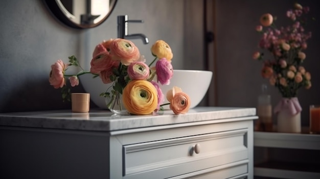 Bouquet de fleurs dans un vase sur un meuble-lavabo dans une salle de bain générative ai