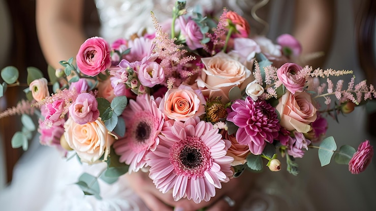 Photo bouquet de fleurs différentes entre les mains de la mariée