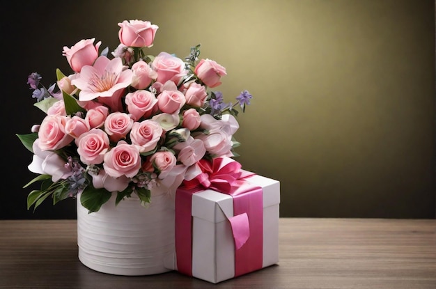 Bouquet de fleurs élégant et coloré avec boîte cadeau sur le fond de la nature