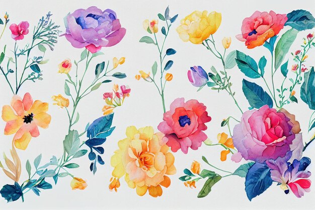 Bouquet de fleurs ensemble aquarelle pièces de conception d'œuvres d'art