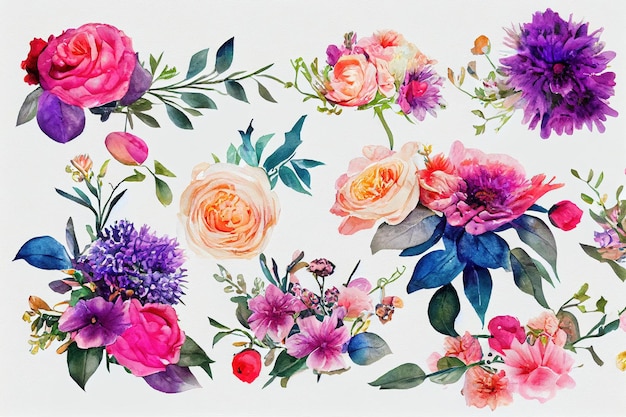 Bouquet de fleurs ensemble aquarelle pièces de conception d'œuvres d'art