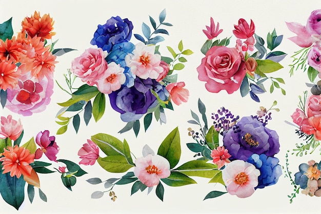 Bouquet de fleurs ensemble aquarelle pièces de conception d'œuvres d'art