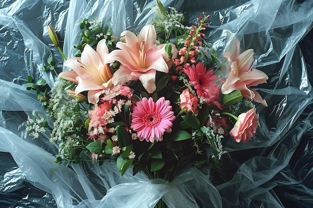 Bouquet de fleurs enveloppé dans du plastique