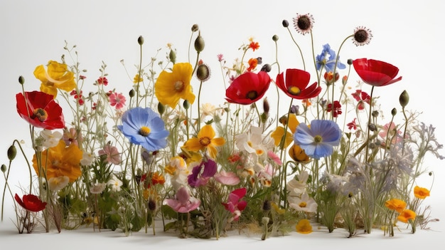 Un bouquet de fleurs est aligné sur un fond blanc.