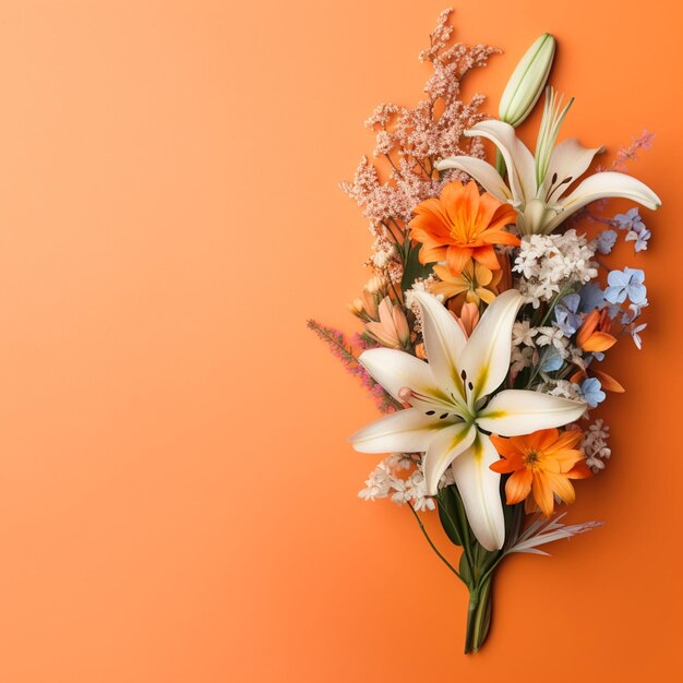 Photo un bouquet de fleurs est sur un fond orange vif.