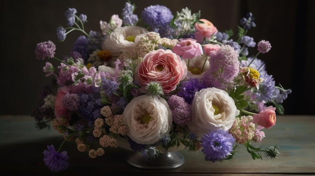 Un bouquet de fleurs est présenté dans un vase en verre.