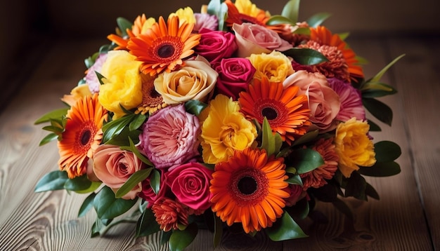 Un bouquet de fleurs est présenté sur une table.