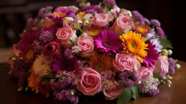 Un bouquet de fleurs est présenté sur une table.