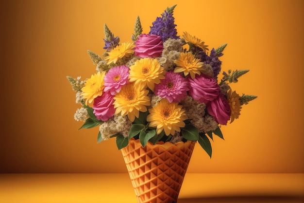 Bouquet de fleurs d'été dans un vase de gaufres sur un fond jaune