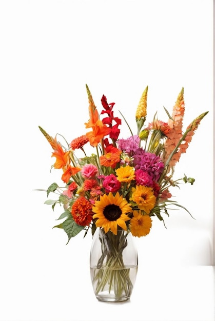 Un bouquet de fleurs d'été dans un vase en verre époustouflant sur fond blanc