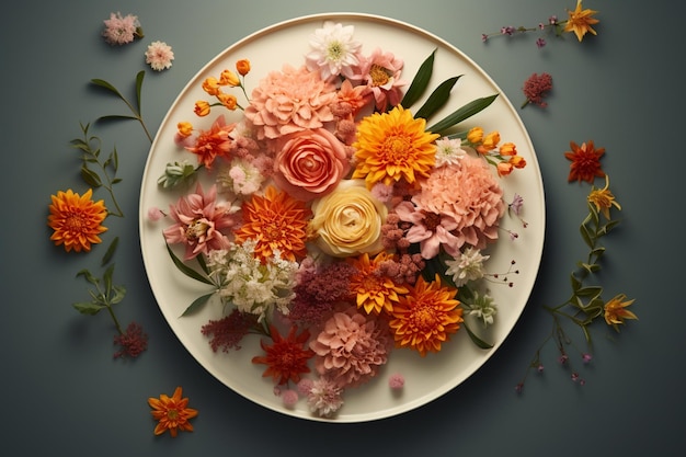 Photo le bouquet de fleurs a été disposé dans l'assiette avec beauté