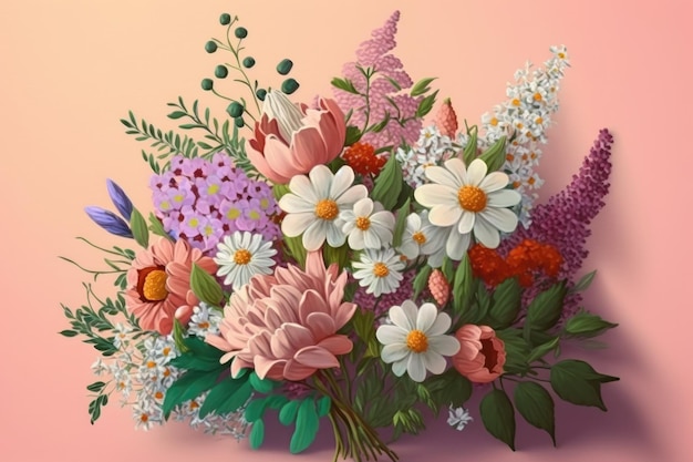 Bouquet de fleurs d'été lumineux sur fond rose pastel créé avec une IA générative