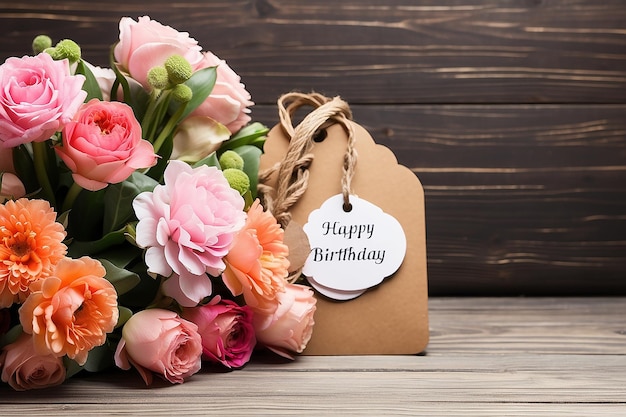 Bouquet de fleurs et étiquette avec du texte sur fond en bois Joyeux anniversaire