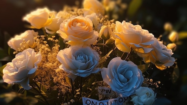 Un bouquet de fleurs avec une étiquette qui dit " sur le dessus ".