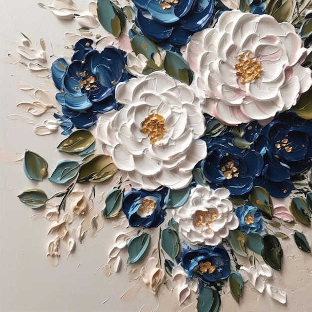 Un bouquet de fleurs avec des feuilles bleues et des fleurs blanches.