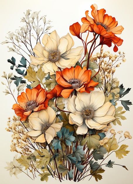 bouquet de fleurs feuilles illustration anémones gris couleurs orange peinture verre gris vénitien rouge