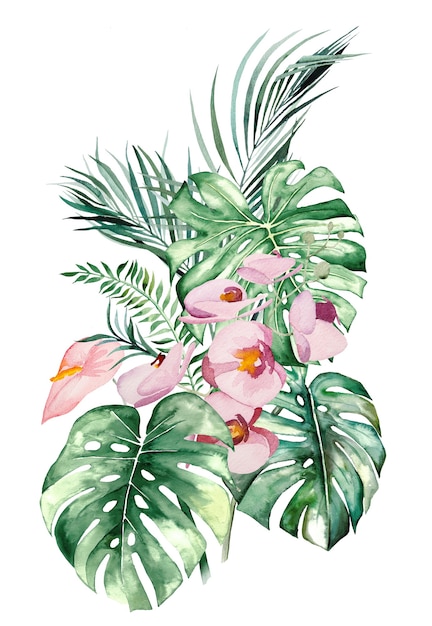 Photo bouquet de fleurs et de feuilles tropicales aquarelle