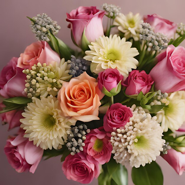 un bouquet de fleurs avec une fleur rose et blanche au centre