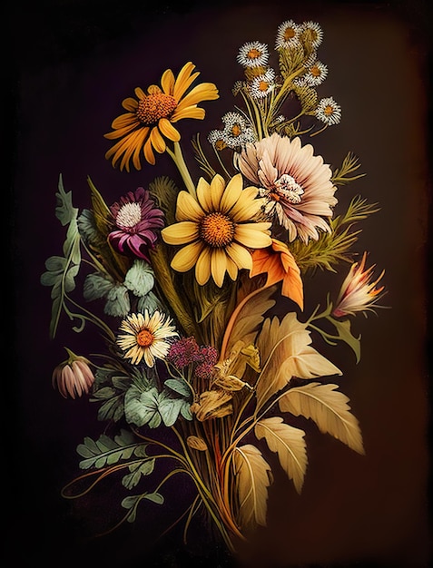 Bouquet de fleurs fleurs sur fond sombre aux couleurs rétro Illustration AI générée pour la carte postale de conception ou l'impression