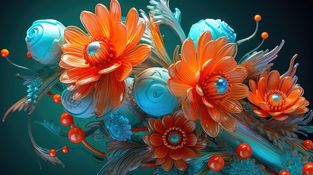 Un bouquet de fleurs avec des fleurs orange sur fond bleu
