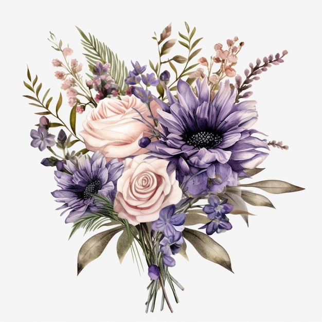 Un bouquet de fleurs avec des fleurs violettes et roses.
