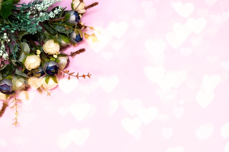 Photo bouquet de fleurs sur fond magique de lumière festive rose avec des lumières de cœur concept de la saint-valentin
