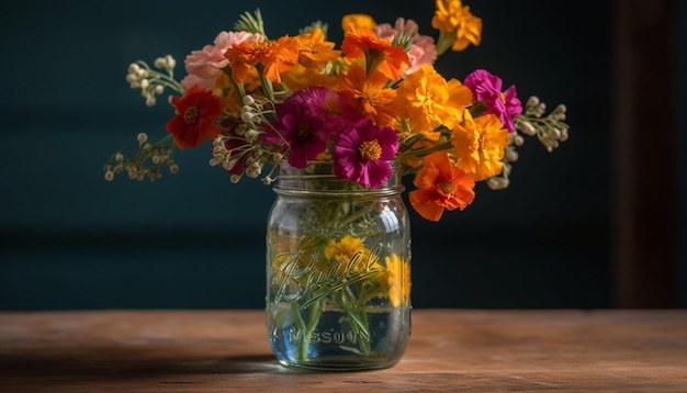 Bouquet de fleurs fraîches sur une table en bois rustique générée par l'IA