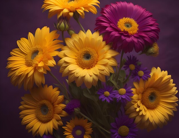 Photo bouquet de fleurs de gerbera jaunes sur un fond violet génératif ai