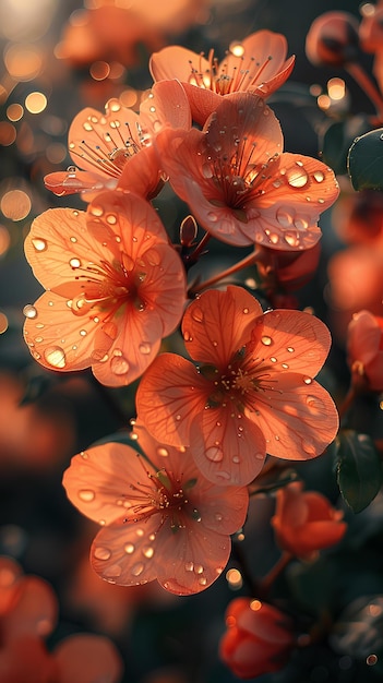 Un bouquet de fleurs avec des gouttelettes d'eau sur elles et un fond flou des fleurs est montré dans